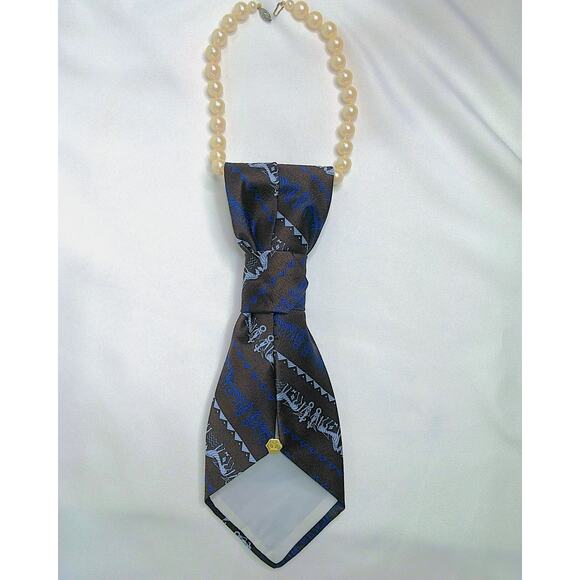 Artisan Vintage Tie Necklace Upcycled Faux Pearls Retro Brown Blue Dragonfly NEW - Picture 6 of 12